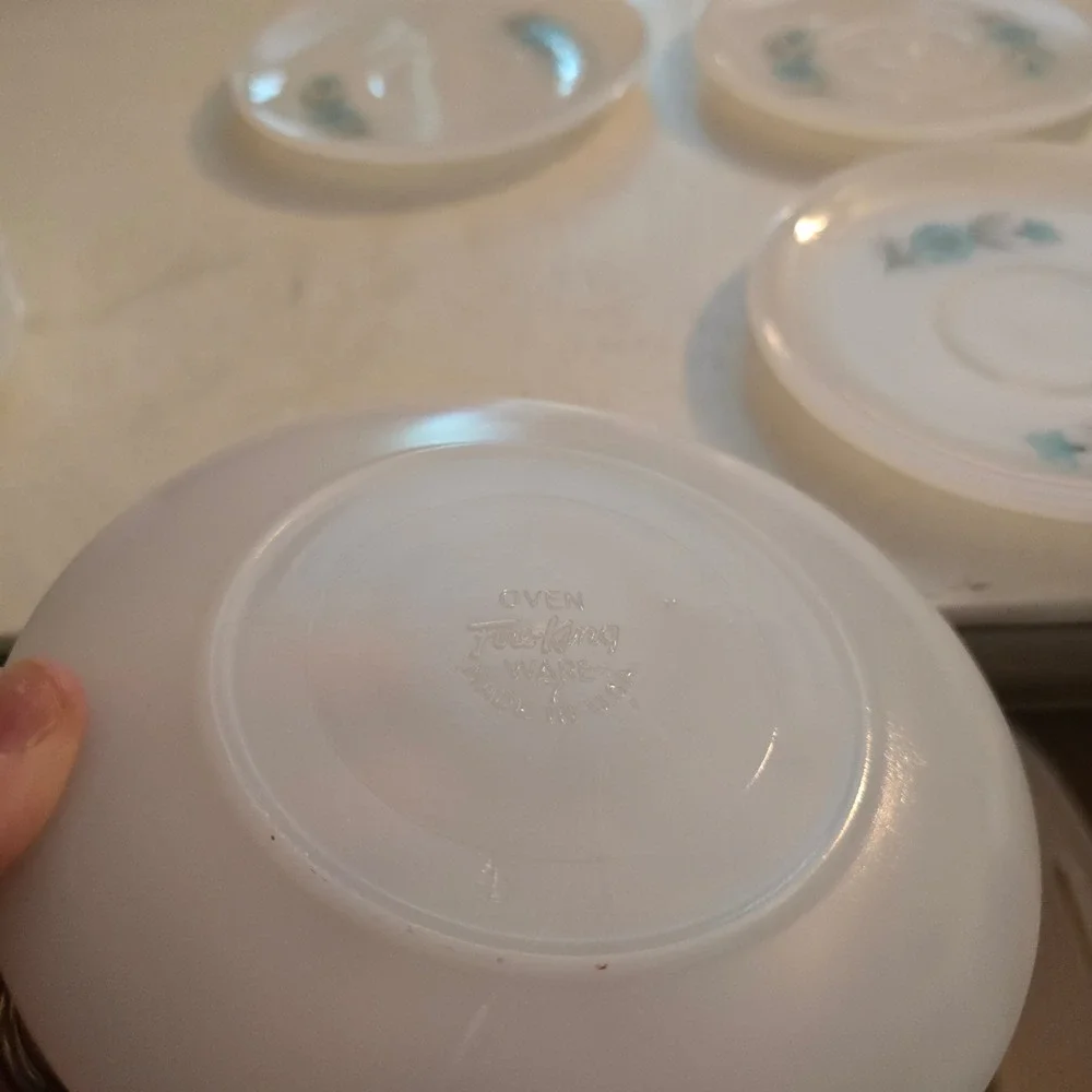 Fire-King Forget Me Not Milk Glass Saucers Set of 4 Blue Floral Vintage Ovenware